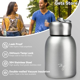 Gets Mini 9 oz Stainless Steel Water Bottle, 280ML Vacuum Insulated Water Bottle Leak Proof Sport Tumbler Cup Hot and Cold Water Bottle (Silver)