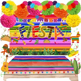ZERODECO Party Decorations - Mexican Theme Party Backdrop, Plastic Table Cover, Multicolor Paper Pompoms, Festival Theme Swirls for Fiesta Mexicana Cinco De Mayo Luau Event Birthday Party Supplies