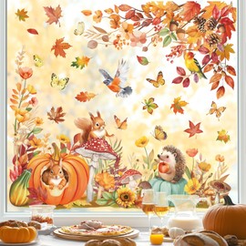 decalmile Thanksgiving Fall Double Sided Window Clings Autumn Animals Leaves Flowers Mushroom Bird Anti-Collision Glass Doors Window Stickers Decals