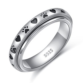 DAOCHONG Spinner Fidget Ring S925 Sterling Silver Pet Paw Print Love Heart Anxiety Worry Band Fidget Stress Relieving Boredom ADHD Autism Rings for Women Men,R-1/2
