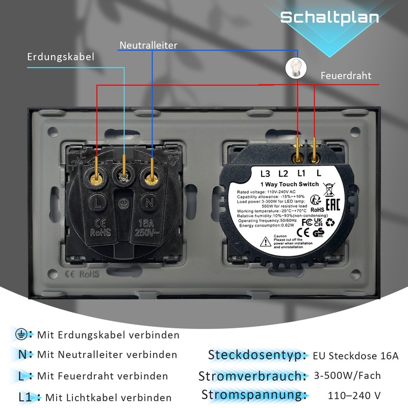 TAWOIA Switch with Socket Combination, EU Single 1 Way Crystal