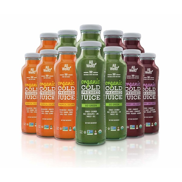 ALLWELLO Mix of Organic Cold Pressed Juice Drinks with Real Fruits and Vegetables Gluten Free Non-GMO Healthy Juices No Preservatives No Sugar Added (Mix, 12 Pack)