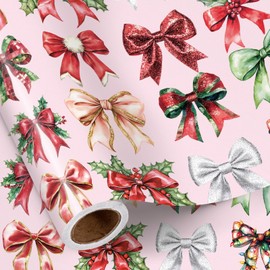 RUSPEPA Christmas Bow Wrapping Paper Roll, Mini Roll, Watercolor Holiday Bows and Holly Leaves Design, Pink Gift Wrap Paper for Girls, Women, Friends, Xmas Holiday Gifts, 17 Inches x 16.4 Feet