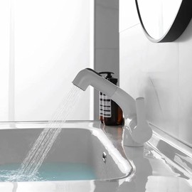 XYBSDBTNR Bathroom Faucet 2 Functions Basin Mixer Tap Brass Bathroom Sink Faucet, Single Hole Bathroom Lavatory Basin Faucet, with Pull Out Sprayer Single Handle Vanity Faucet,Gold(White)