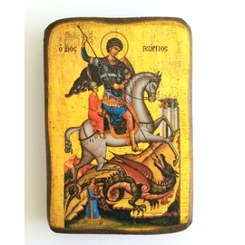 Wooden Greek Christian Orthodox Wood Icon of Saint George Riding His Horse and Slaying The Beast / A0
