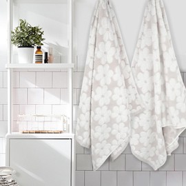 Soft Bath Towels 2 Pack, Super Absorbent Shower Towels 27.5x55 Inches, Cute Floral Jacquard Bathroom Set, Cotton, Light Beige