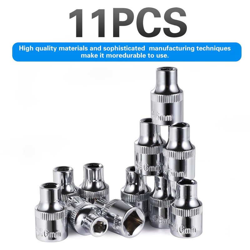 11-Piece 6mm Shallow Sockets, 3/8-Inch Drive, 6-Point, Corrosion Resistance, Compatible