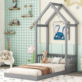 Bellemave Twin Size Floor Bed for Kids, Montessori House Bed Frame with House Shape Roof and Semi-Fence, Wood Floor Bed for Boys, Girls, Low to Ground Height, Gray