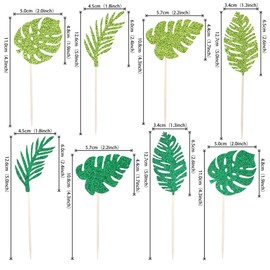 24 piezas de decoraciones tropicales para magdalenas, con purpurina verde, hawaii, luau, palillos para magdalenas, hojas de plantas, verano, temática tropical, fiesta de cumpleaños, suministros de decoración para tartas