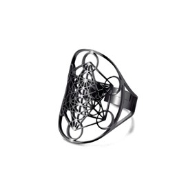 Amaxer Metatron's Cube Ring Archangel Metatron Protection Statement Hollowed Out Womens Stainless Steel Open Band Ring Jewelry (Black)