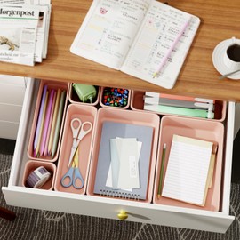 45 Pack Desk Drawer Organizer Tray, 3-Size Plastic Drawers Organizer Storage for Kitchen, Bathroom, Office, Vanity, Makeup, Utensils, Junk Drawer Organizer Bins, Gadget Trays for Organizing, Pink