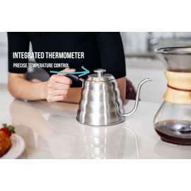 Barista Warrior Gooseneck Kettle for Pour Over Coffee and Tea with Thermometer for Exact Temperature, Precision Pour Drip Spout, Stainless Steel, Compatible with all Stove Tops (1.2 Liter, 40 fl oz)