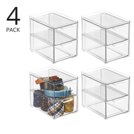 mDesign Stackable Storage Containers Box with 2 Pull-Out Drawers - Stacking Plastic Drawer Bins for Closet Organization, Linen, Coat, Bedroom or Entryway Closets - Lumiere Collection - 4 Pack, Clear