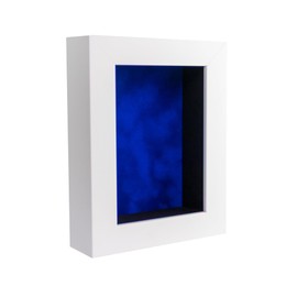 8x12 Shadow Box Frame White Wood with a 1 3/4" Usable Display Depth Includes a Royal Blue Suede Acid-Free Backing Board, UV Resistant Acrylic, and Hanging Hardware