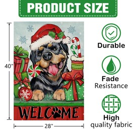 Dyrenson Welcome Christmas Rottweiler Dog 28 x 40 House Flag Double Sided, Xmas Pet Garden Yard Decoration Dog Lover Gifts, Winter Holiday Farmhouse Rustic Burlap Outdoor Decor Decorative Large Flag