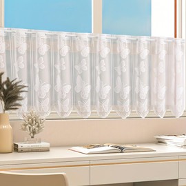 VAIGU:OA Net Curtain, Bistro Curtain, Semi-Transparent Curtains, Jacquard Curtain with Butterfly, Short Curtains, White with Eyelets, Short Kitchen Curtains with Curved Edge, W x H 150 x 40 cm, Pack