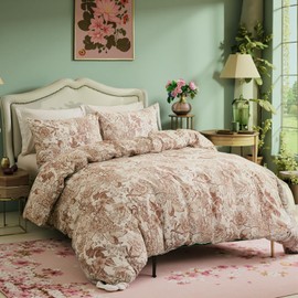 Herside Khaki Floral Duvet Cover Double Size 100% Cotton Vintage Botanical Duvet Cover Set 3 Pcs Soft Flower Bedding Set Breathable and Lightweight