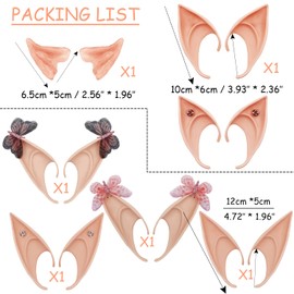 CNYMANY 7 pairs Cosplay Elf Ears, 2.6" 3.9" 4.7" Soft Latex Pointed Ears Tips Fairy Costume with Butterfly Decoration Artificial Diamond