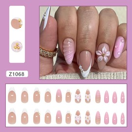 24Pcs French Tip Press on Nails Almond Medium Fake Nails with 3D Flowers and White Tips Designs Full Cover Spring Summer Acrylic False Nail Daily Manicure Decoration DIY for Women Nail