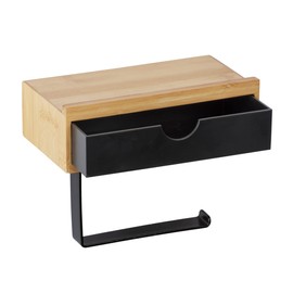 WENKO Bambusa Toilet Roll Holder with Practical Shelf Made of High-Quality Bamboo, Drawer for Wet Wipes, Holder for Wall Mounting, Includes Mounting Material, 18.5 x 14 x 10.5 cm, Natural/Black