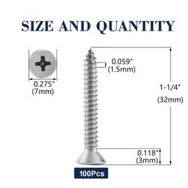 #7 x 1-1/4" Wood Screw 100Pcs 18-8 (304) Stainless Steel Screws Flat Head Phillips Fast Self Tapping Drywall Screws by SG TZH