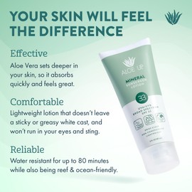 Aloe Up Mineral Sunscreen Lotion SPF 33 Broad Spectrum UVA/UVB Sunscreen Protector for Face and Body-With Gen2 Zinc Oxide and Aloe Vera Gel Dries Clear Reef Safe Coco-Mango Fragrance - 3 Oz