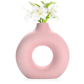 Joynisy Donut Vase|Circle Hollow Vase|Modern Matte Ceramic Vase for Entryway Living Room Bedroom Dining Table Centerpiece Office Home Decor (Pink-7.5")