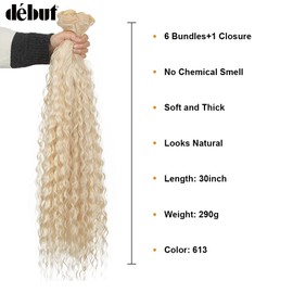 DÉBUT 30 Inch Synthetic Hair Bundles Water Wave 6 Bundles with Closure High Temperature Weaving Hair Extensions 290g for Full Head Heat Resistant Deep Curly Hair 7PCS 613 Blonde