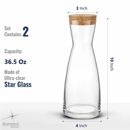 Bormioli Rocco Set Of 2 Ypsilon Carafe With Natural Cork Top Lid, 36.5 Oz. Star Glass Pitcher For Water, Juice, Ice Tea Or Wine.