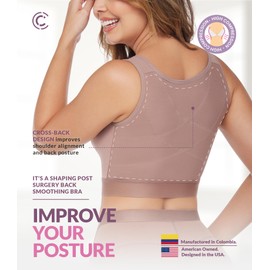 CURVEEZ Post-Surgery Front Closure Wireless Bra, Compression Shapewear Top with Wide Straps for Breast Augmentation Recovery Cocoa