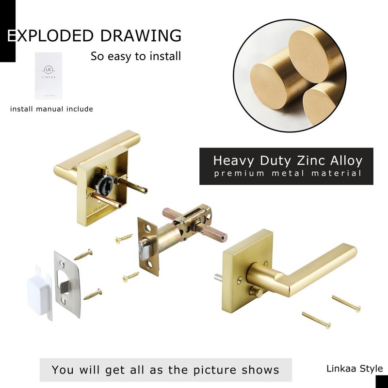Linkaa Brass Gold Privacy Lever Door Handle Interior Levers, Keyless