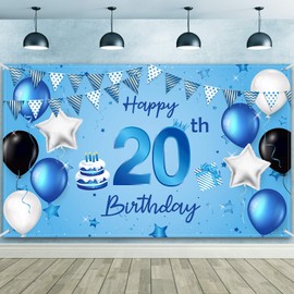 Blulu Happy 20th Birthday Backdrop Banner Extra Large Fabric Birthday Sign Poster Photography Background Backdrop Banner for Anniversary Party Decorations, 72.8 x 43.3 Inch