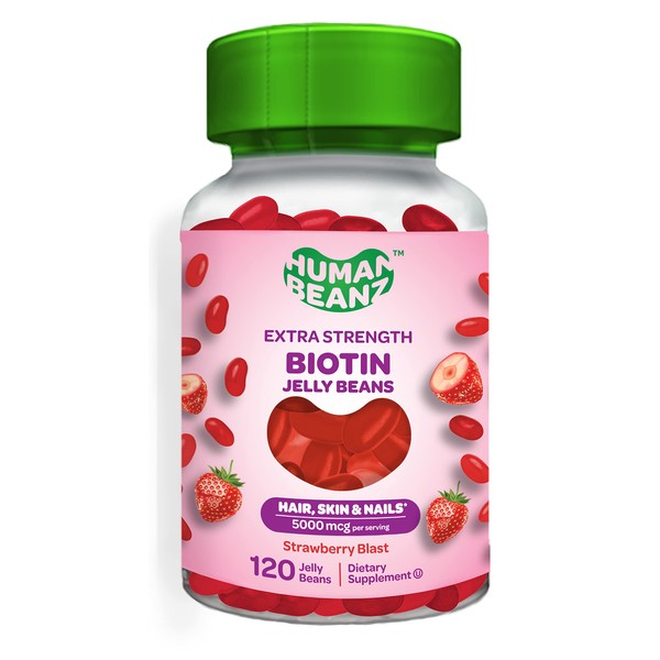 Human Beanz Biotin Jelly Bean Gummy Vitamins, Extra Strength Biotin for Hair, Skin and Nails, 5000mcg per Serving, Hair Growth Vitamins for Men and Women, 120 Strawberry Blast Jelly Beans, Kosher