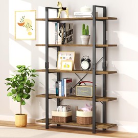 FRAPOW 5 Tier Bookshelf, 70 inch Tall Solid Bookcase Industrial Wooden Bookshelves Large Wall Etagere Rustic Vintage Book Shelf with Metal Frame Open Storage Rack for Living Room Home Office