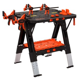 Pony Portable Folding Work Table, 2-in-1 as Sawhorse & Workbench, 31” W×25” D×25”-35”H, Large Load Capacity with 4pcs Clamps, 4pcs Bench Dogs