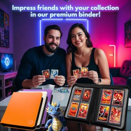 FORZAROCKET 4 Pocket Toploader Binder, Holds 112 Top Loaders, 8 INCLUDED, Waterproof PU Leather, Archival Safe Pockets, Compatible with Sports, Trading Cards in 3"x4" Toploaders (Orange)