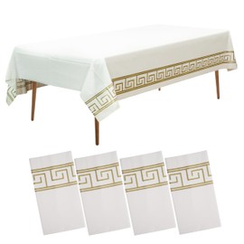 Amatra 4-Pack Plastic Table Cloth Disposable 54" x 108" - Luxurious White Plastic Tablecloths for Rectangle Tables - 140g Thick Plastic Table Covers with Gold Art Margin for Indoor & Outdoor Events