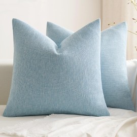 MIULEE Pack of 2 Decorative Farmhouse Linen Pillow Covers Rustic Boho Accent Couch Throw Pillow Covers for Cushion Bed Sofa Living Room Home Decor 18x18 Inch Light Blue