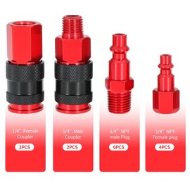 Connect Air Fittings Set, 1/4" Npt Air Coupler and Plug Kit, Air Quick Connector Male and Female, Pack of 14 (Red Aluminum)