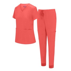 Natural Uniforms Womens Essential Cool Stretch Jogger Scrub Set (Coral, Small)