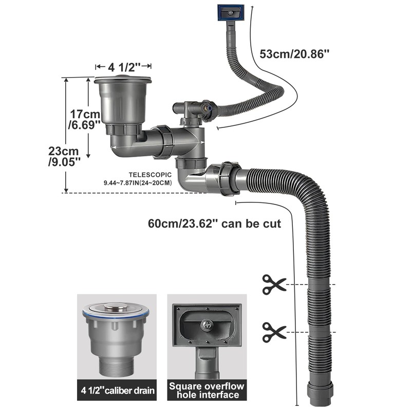 QruiLanTu Kitchen Single Sink Drain Kit Space Saving Flexible Pipe