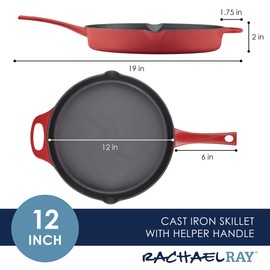 Rachael Ray Premium Rust-Resistant Cast Iron Frying Pan/Skillet with Helper Handle and Pour Spouts, 12 Inch, Red