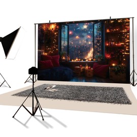 YongFoto 2.2 x 1.5 m Background for New Year Photography Window View Colourful Bokeh Fireworks Skyscraper Bright Night View Photo Background for New Year's Eve Celebration Decorations Photo Shooting