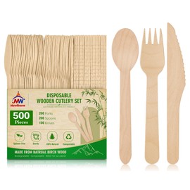 Mwellewm 500Pc Wooden Utensil Set Compostable Cutlery Disposable Silverware