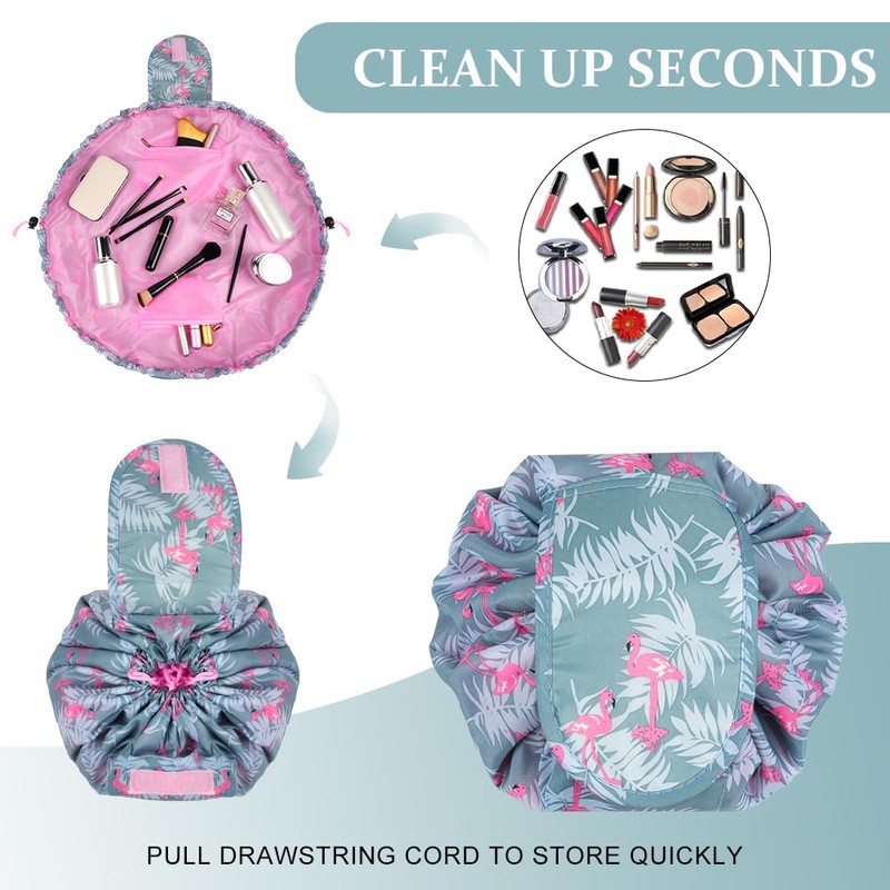 URAQT Lay Flat Drawstring Makeup Bag, Large-Capacity Travel Cosmetic Pouch,