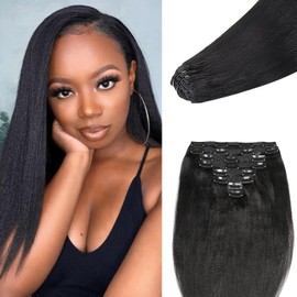 LDGUGO Yaki Straight Clip ins 16 Inch Clip in Hair Extensions Real Human Hair 8Pcs 100g Kinky Straight Clip ings for Women Full Head Brazilian Remy Hair Extensions Human Hair Double Weft