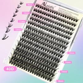 Lash Clusters DIY Cluster Eyelash Extensions 280pcs 9‑16mm 40D Fluffy D Curl Natural Volume Lashes–Waterproof Fake Cat Eye Wispy Individual Soft Clusters (16MIX2-2-X)