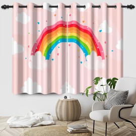 Laeacco Cartoon Rainbow Blackout Curtains for Kids Bedroom Pink Sky White Clouds Curtain Drapes Grommet Room Darkening Window Curtains for Nursery Girls Bedroom Living Room 52x63 Inch, 2 Panels