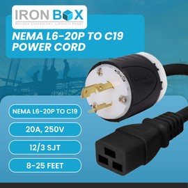 IronBox Electric NEMA L6-20P to C19 Power Cord - 20A, 250V, 12/3 SJT - UL Listed Power Cable Adapter - Heavy Duty Plug and Cord for Data Centers, PDU, High Powered Devices & More (12 ft, Custom Built)