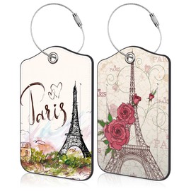 2 PCS Eiffel Tower Luggage Tag for Suitcase Vintage Eiffel Tower Leather Suitcase Tags with Name Address Card Label Privacy Cover and Stainless Steel Loop for Women Men